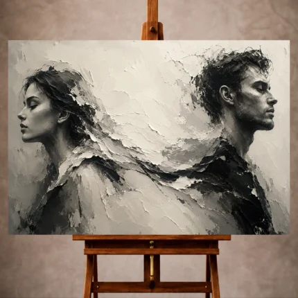 Elegant Monochrome Wall Art print featuring two expressive side-profile portraits with flowing textured forms for sophisticated interiors