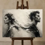 Dual Profile Monochrome Wall Art Canvas Print displayed on a studio easel