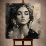 Deep black and warm ivory Monochrome Wall Art print featuring a serene frontal portrait for elegant interiors