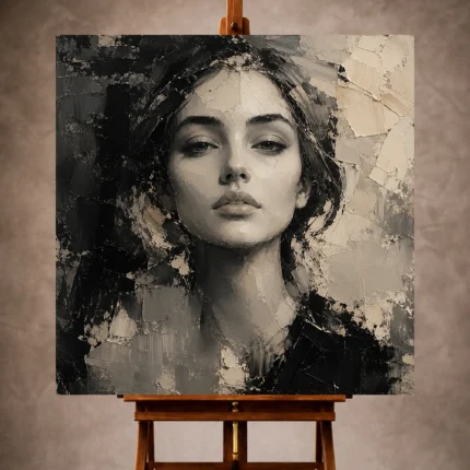 Deep black and warm ivory Monochrome Wall Art print featuring a serene frontal portrait for elegant interiors