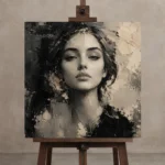 Serene Ivory Portrait Monochrome Wall Art Canvas Print displayed on a studio easel