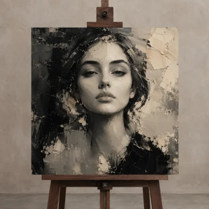 Serene Ivory Portrait Monochrome Wall Art Canvas Print displayed on a studio easel
