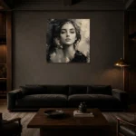 Serene Ivory Portrait Monochrome Wall Art Canvas Print shown in a warm modern interior