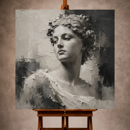 Charcoal and ivory Monochrome Wall Art print featuring a classical female bust with stone-like abstract textures
