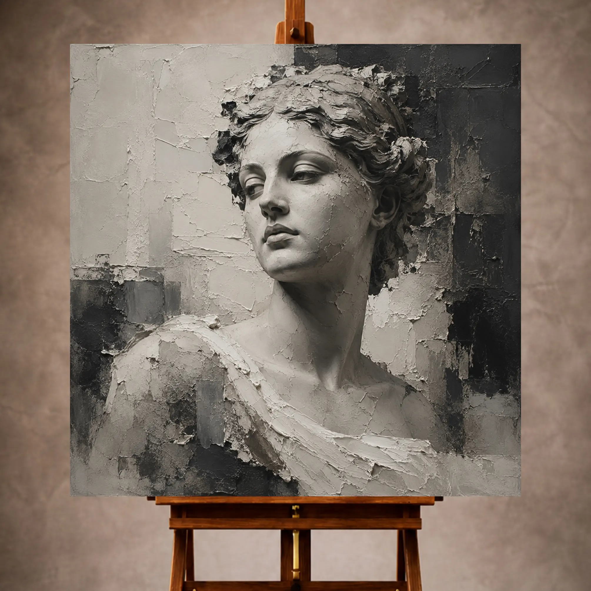 Premium Wall Art Kare Html Edition – Monocrome032 Image 1 Charcoal and ivory Monochrome Wall Art print featuring a classical female bust with stone-like abstract textures