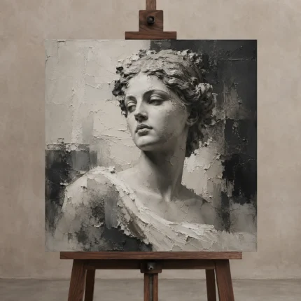 Charcoal Classical Bust Monochrome Wall Art Canvas Print shown in Studio Easel