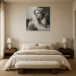 Charcoal Classical Bust Monochrome Wall Art Canvas Print showcased in an elegant minimalist interior