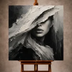 Black and ivory Monochrome Wall Art print featuring a mysterious figure beneath flowing textured fabric