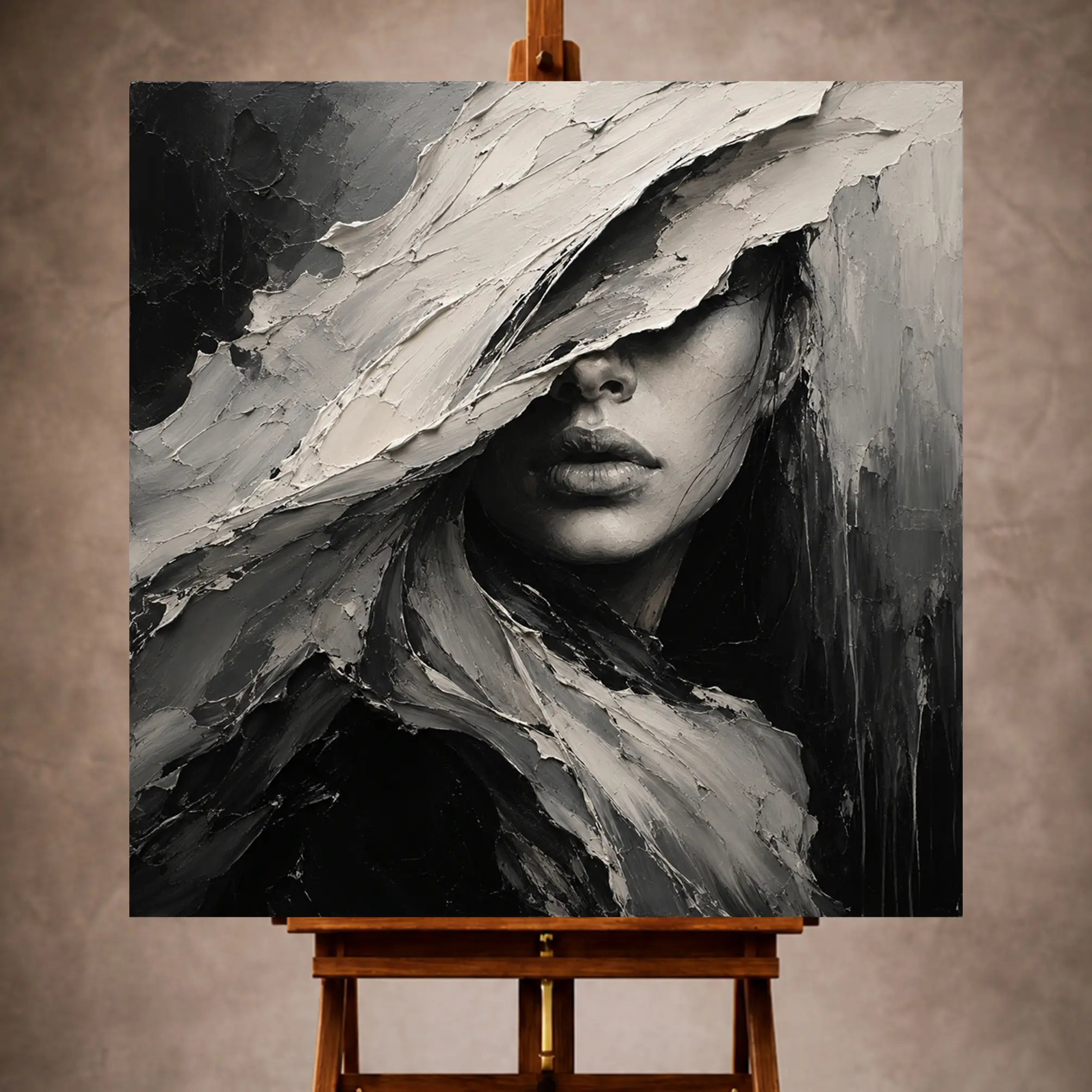 Premium Wall Art Kare Html Edition – Monocrome033 Image 1 Black and ivory Monochrome Wall Art print featuring a mysterious figure beneath flowing textured fabric