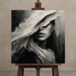 Mysterious Veiled Figure Monochrome Wall Art Canvas Print displayed on a studio easel