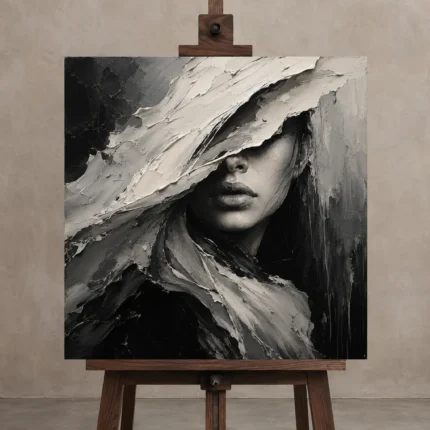 Mysterious Veiled Figure Monochrome Wall Art Canvas Print displayed on a studio easel