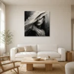 Mysterious Veiled Figure Monochrome Wall Art Canvas Print styled in a refined neutral interior