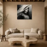 Mysterious Veiled Figure Monochrome Wall Art Canvas Print presented in a sophisticated home setting
