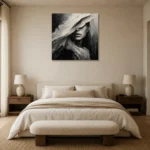 Mysterious Veiled Figure Monochrome Wall Art Canvas Print showcased in an elegant minimalist interior