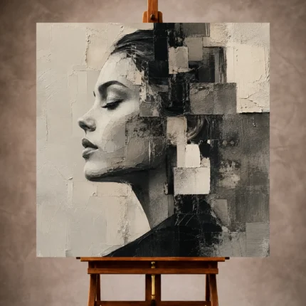 Jet black and stone gray Monochrome Wall Art print featuring a contemplative profile with architectural textures
