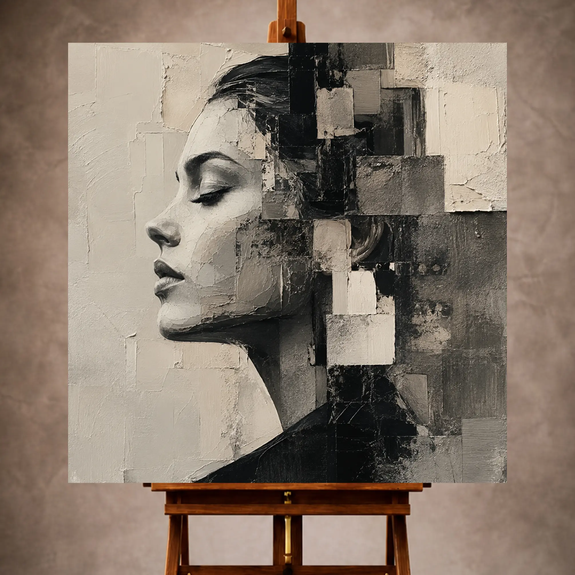 Premium Wall Art Kare Html Edition – Monocrome034 Image 1 Jet black and stone gray Monochrome Wall Art print featuring a contemplative profile with architectural textures