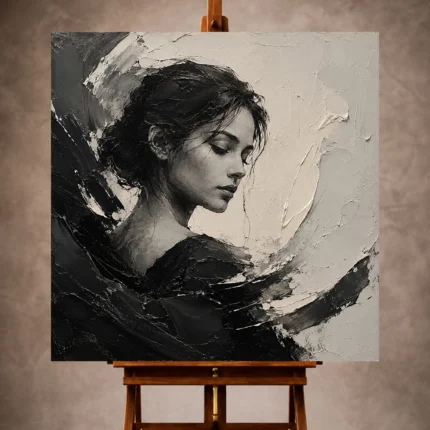 Black and charcoal Monochrome Wall Art print featuring an introspective portrait framed by sweeping abstract textures