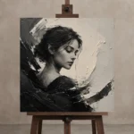 Sculptural Introspection Monochrome Wall Art Canvas Print displayed on a studio easel