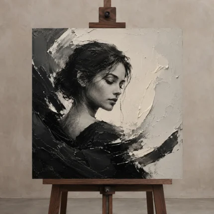 Sculptural Introspection Monochrome Wall Art Canvas Print displayed on a studio easel
