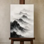 Misty Mountain Monochrome Wall Art Canvas Print displayed on a studio easel