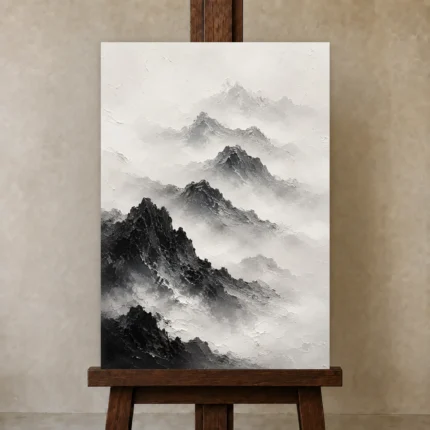 Misty Mountain Monochrome Wall Art Canvas Print shown in Studio Easel