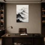 Misty Mountain Monochrome Wall Art Canvas Print displayed in a contemporary gallery-inspired room