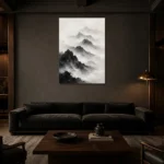 Misty Mountain Monochrome Wall Art Canvas Print shown in a warm modern interior