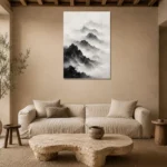 Misty Mountain Monochrome Wall Art Canvas Print presented in a sophisticated home setting