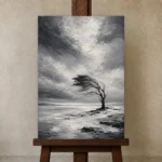 Charcoal Winter Tree Monochrome Wall Art Canvas Print displayed on a studio easel