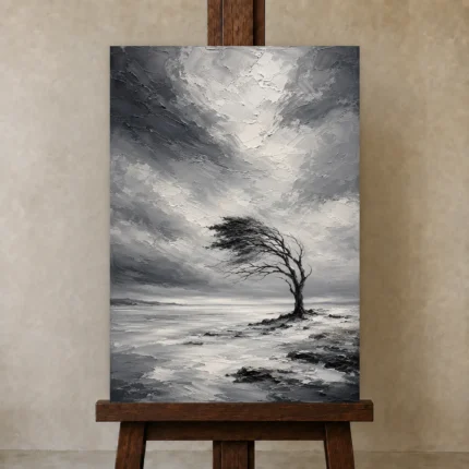 Charcoal Winter Tree Monochrome Wall Art Canvas Print shown in Studio Easel