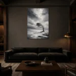 Charcoal Winter Tree Monochrome Wall Art Canvas Print shown in a warm modern interior