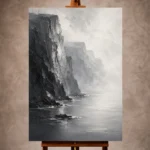 Misty Coastal Cliff Monochrome Wall Art Canvas Print