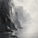Misty Coastal Cliff Monochrome Wall Art Canvas Print