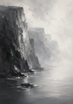 Misty Coastal Cliff Monochrome Wall Art Canvas Print