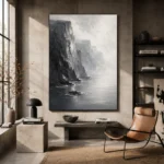 Misty Coastal Cliff Monochrome Wall Art Canvas Print - Image 3