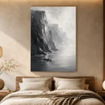 Misty Coastal Cliff Monochrome Wall Art Canvas Print - Image 6