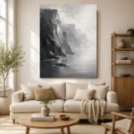 Misty Coastal Cliff Monochrome Wall Art Canvas Print - Image 7