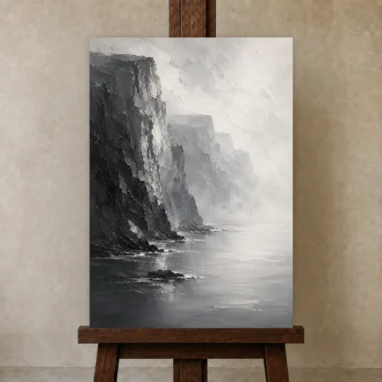 Misty Coastal Cliff Monochrome Wall Art Canvas Print shown in Studio Easel