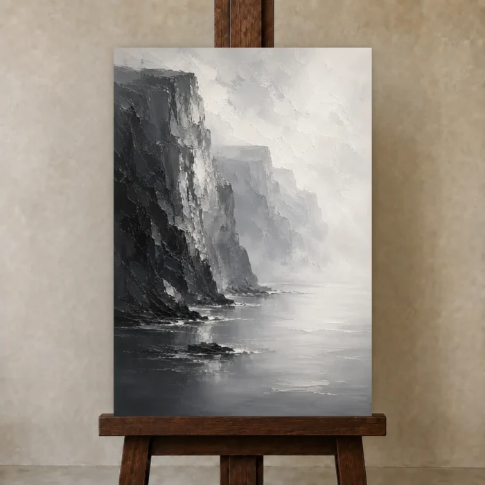 Misty Coastal Cliff Monochrome Wall Art Canvas Print displayed on a studio easel