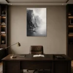 Misty Coastal Cliff Monochrome Wall Art Canvas Print displayed in a contemporary gallery-inspired room