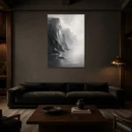 Misty Coastal Cliff Monochrome Wall Art Canvas Print shown in a warm modern interior