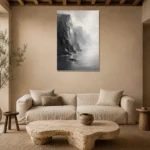 Misty Coastal Cliff Monochrome Wall Art Canvas Print presented in a sophisticated home setting
