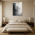 Misty Coastal Cliff Monochrome Wall Art Canvas Print showcased in an elegant minimalist interior