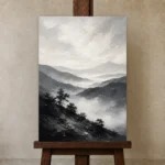 Misty Valley Monochrome Wall Art Canvas Print displayed on a studio easel