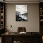 Misty Valley Monochrome Wall Art Canvas Print displayed in a contemporary gallery-inspired room