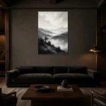 Misty Valley Monochrome Wall Art Canvas Print shown in a warm modern interior