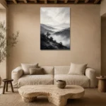 Misty Valley Monochrome Wall Art Canvas Print presented in a sophisticated home setting