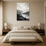 Misty Valley Monochrome Wall Art Canvas Print showcased in an elegant minimalist interior