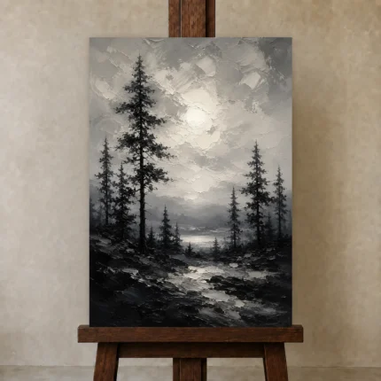 Luminous Pine Forest Monochrome Wall Art Canvas Print shown in Studio Easel