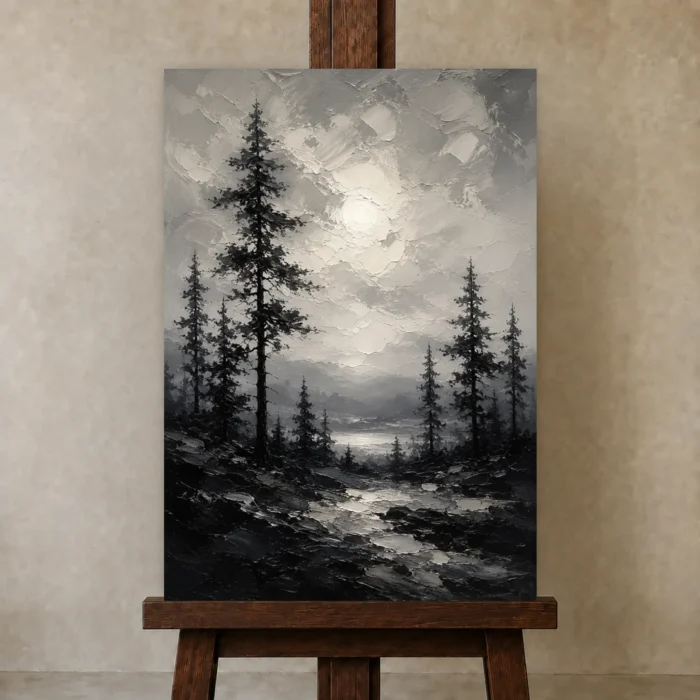 Luminous Pine Forest Monochrome Wall Art Canvas Print displayed on a studio easel
